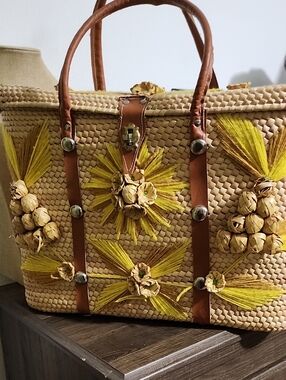 Woven Straw Tote Bag  Thays Vintage From The Late 70-80's with Yellow Floral